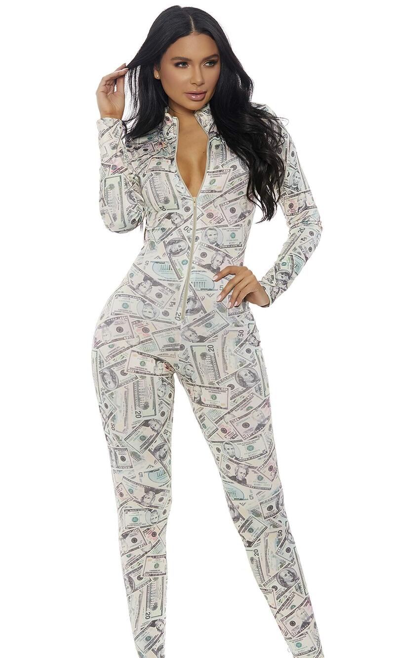 2050 Money Print Zipfront Catsuit, Cream, Small/Medium